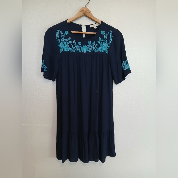 LOFT Navy Blue & Teal Embroidered Floral Drop Waist Dress Size Small - Picture 2 of 8
